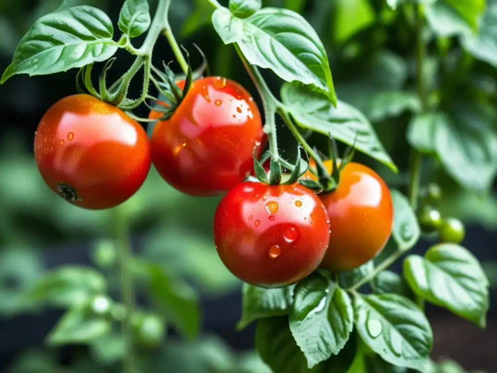 Maduros tomates rojos brillantes en una enredadera verde, listos para preparar tomates de terraza en casa