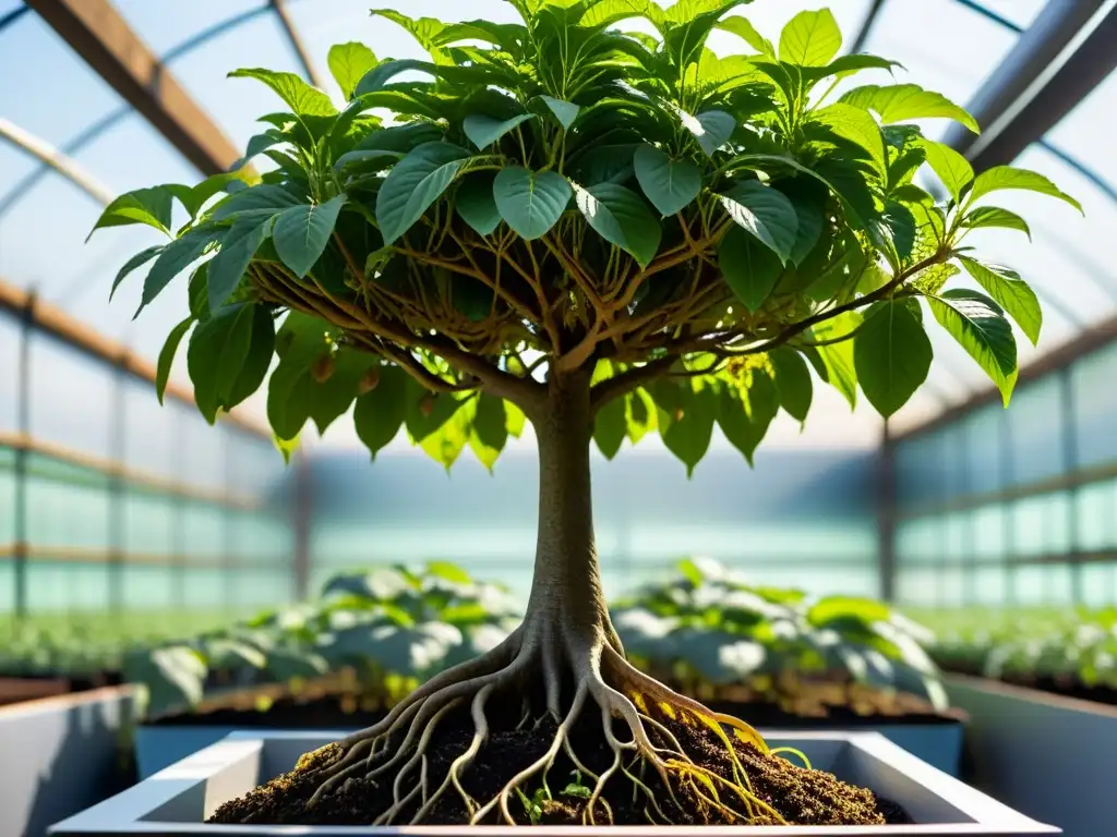 Un majestuoso árbol de nogal en acuaponía urbana con raíces visibles y hojas verdes vibrantes