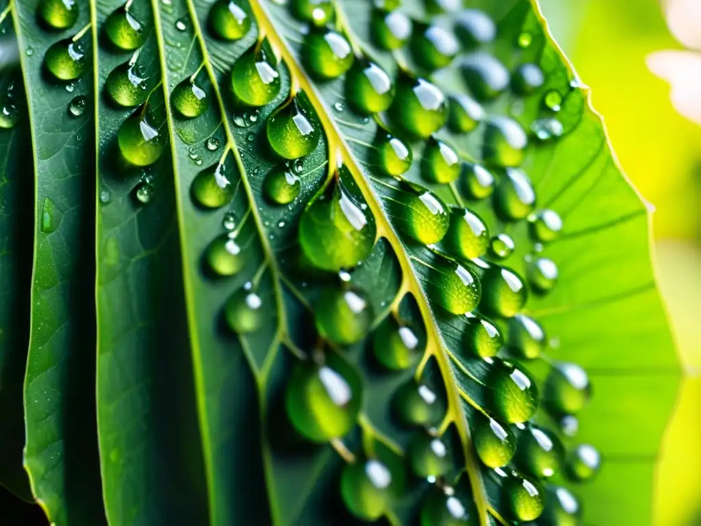 Manejo de humedad para huertos verticales: Gotas de agua sobre hojas verdes en jardín vertical, con juego de luz y sombra