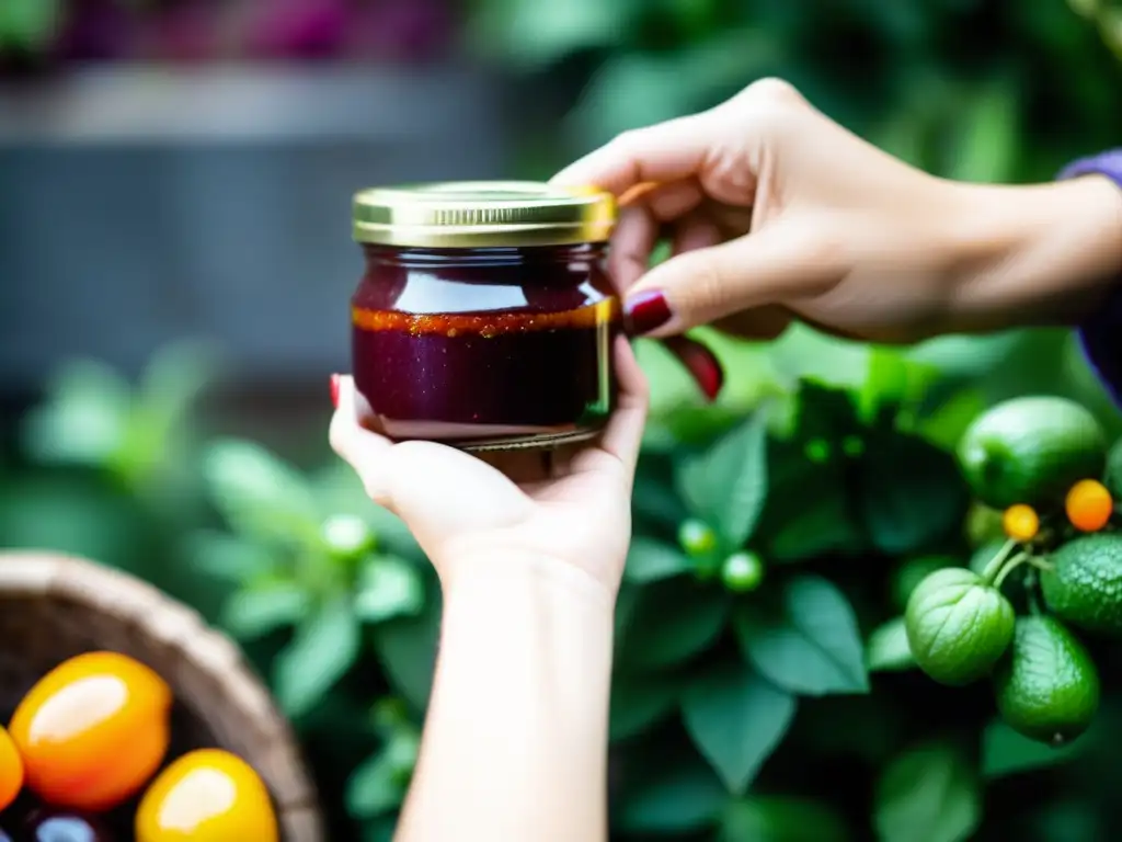 Mano sosteniendo frasco de chutney vibrante en jardín urbano