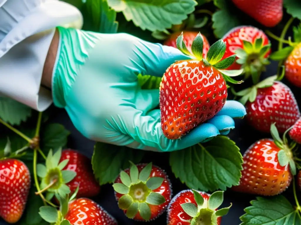 Mano con guantes inspecciona fresas para prevenir enfermedades en manejo postcosecha