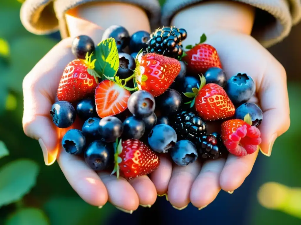 Mano con guantes de jardinería sosteniendo variedad de bayas frescas cultivar berries superalimentos en casa