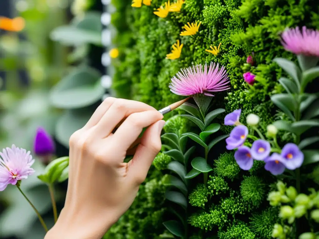 Mano realiza polinización en huertos verticales urbanos con delicadeza y precisión, entre flores y vegetación vibrante