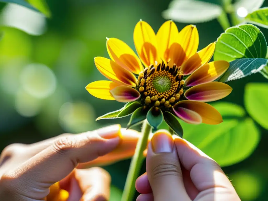 Mano humana realizando polinización manual en huertos verticales, cuidadosamente trasladando polen entre flores con detalle preciso y delicadeza