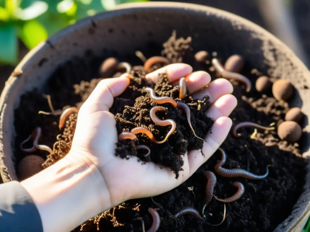 Compost urbano: vida en la tierra y la ciudad Una mano de jardinero mezcla compost rico y oscuro, mostrando la diversidad orgánica