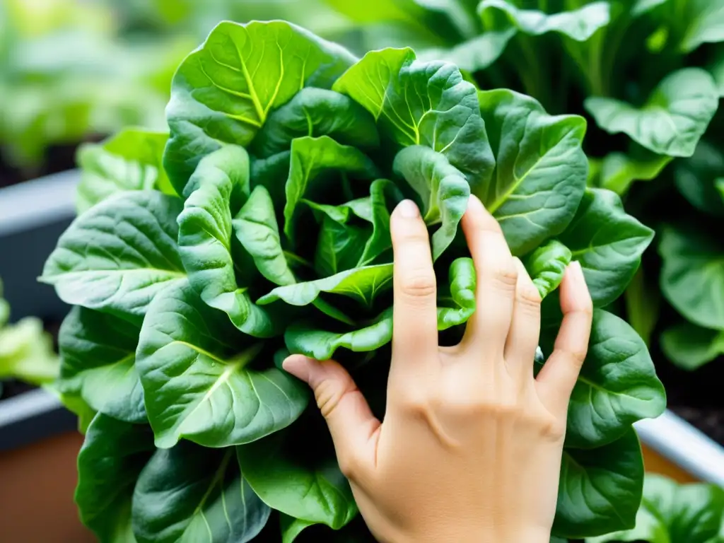 Mano recolectando lechuga en huerto vertical urbano, bañada por luz natural