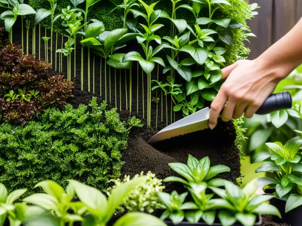 Mano aplicando cuidadosamente nutrientes esenciales a un exuberante huerto vertical, destacando el proceso de fertilización