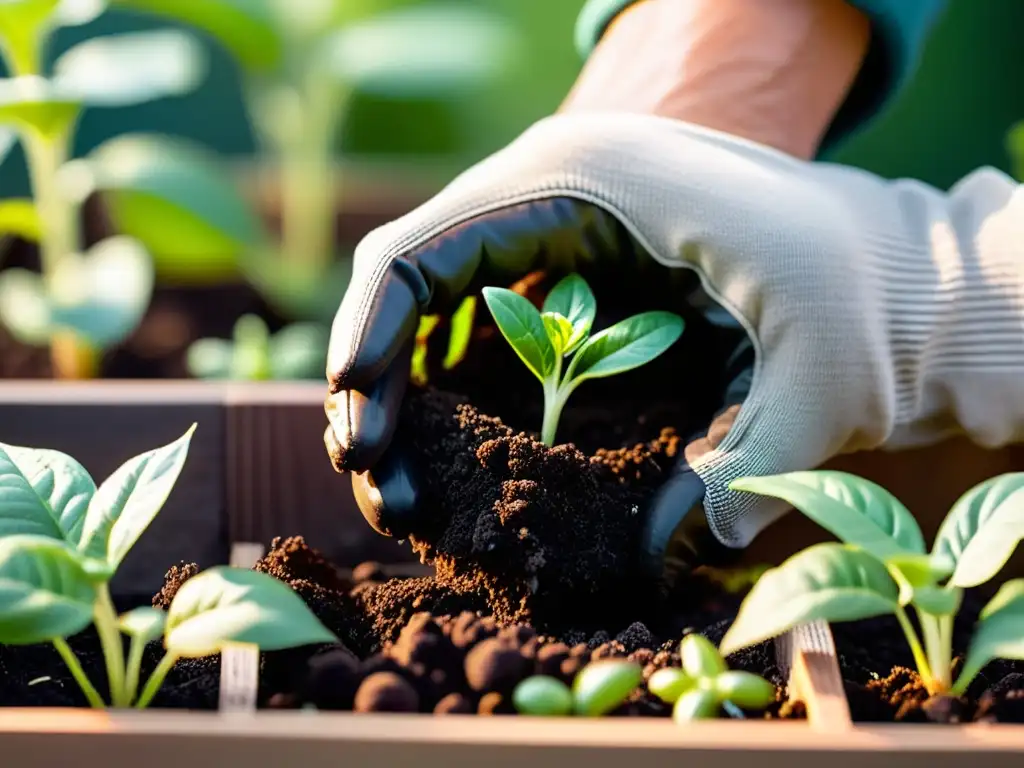 Mano plantando semilla orgánica en huerto urbano, resaltando importancia de la naturaleza