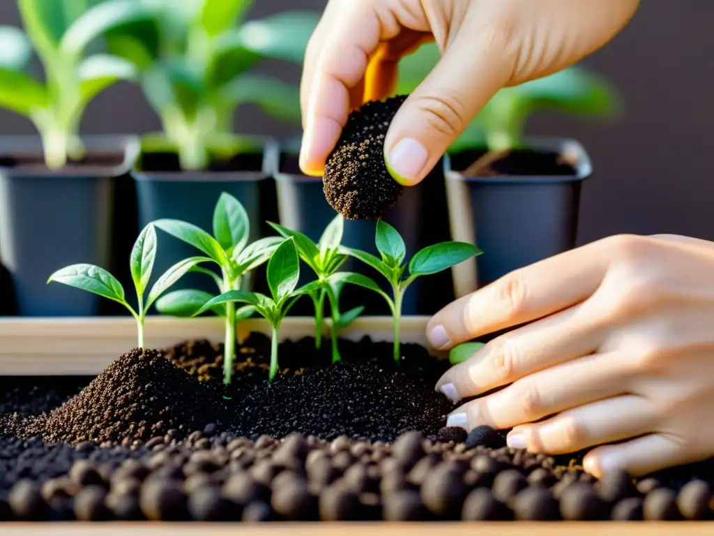 Mano plantando semillas de chía en huerto urbano, cuidados detalles de siembra y brotes verdes vibrantes