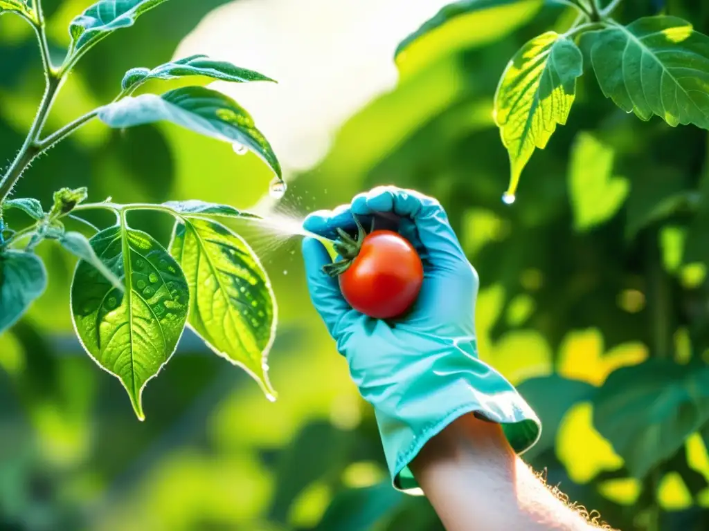 Mano aplicando spray orgánico a hojas de tomate en jardín urbano