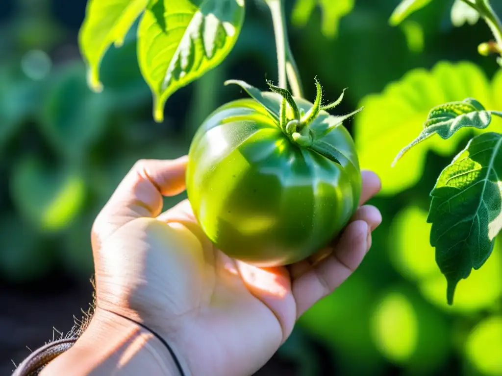 Mano inspeccionando con atención planta de tomate en huerto urbano, resaltando la importancia de la inspección para prevenir plagas y enfermedades