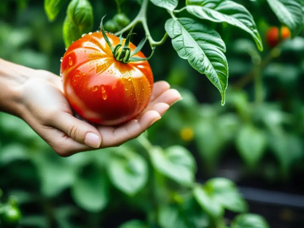 Mano sostiene tomate rojo brillante en huerto urbano, preservar cosecha con técnicas modernas