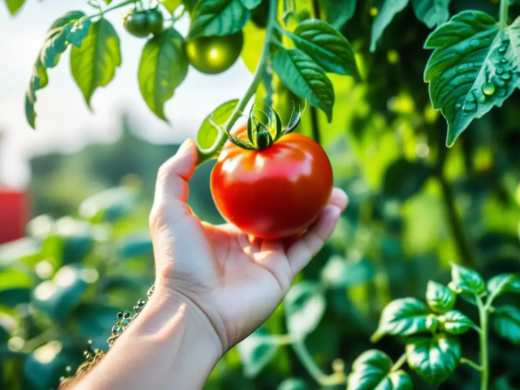 Mano alcanzando un tomate rojo en huerto urbano para recetas saludables