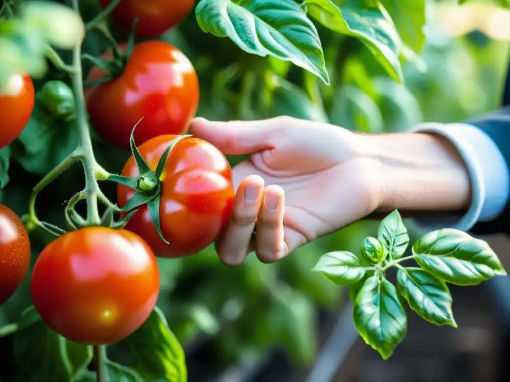 Una mano recoge tomates rojos y maduros en un huerto urbano soleado, con detalles ultra definidos