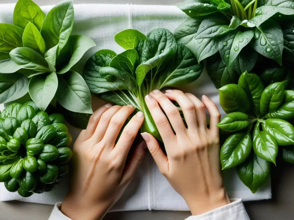 Manos cuidadosas envuelven cosecha vertical, destacando técnicas preservar cosechas verticales en cocina moderna