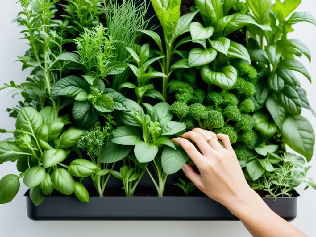 Manos cuidadosas podando y regando hierbas y vegetales en un huerto vertical para agricultura urbana, transmitiendo expertise y dedicación