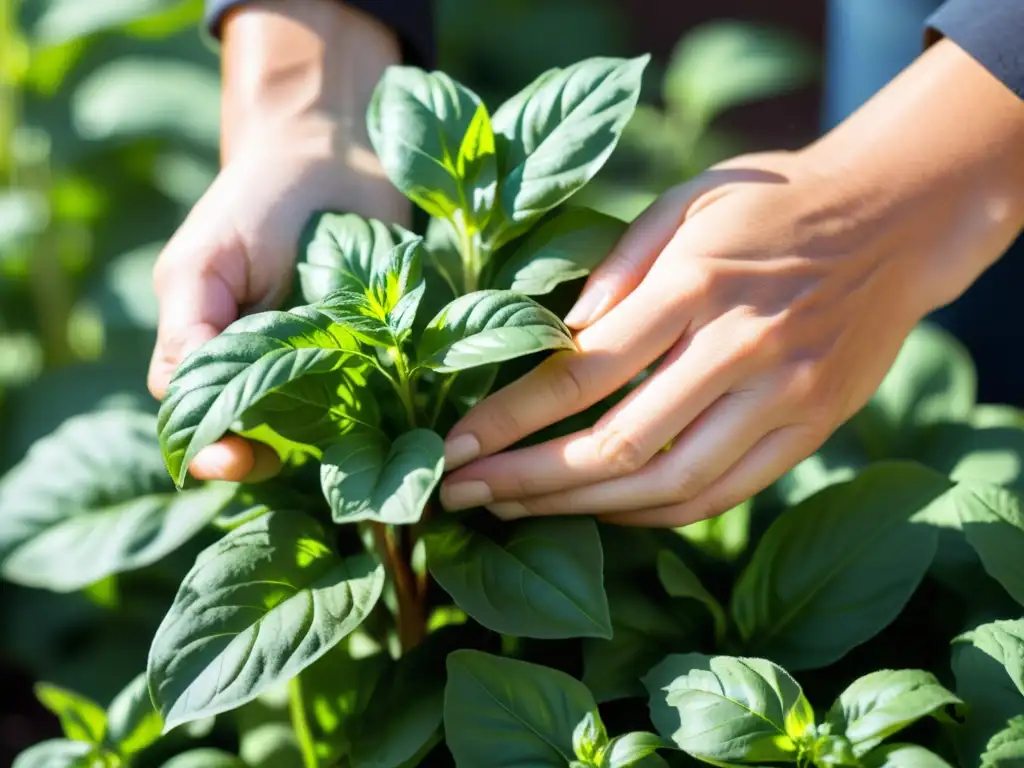 Manos cuidadosas recogen hojas frescas de albahaca en un huerto, creando una atmósfera de tranquilidad