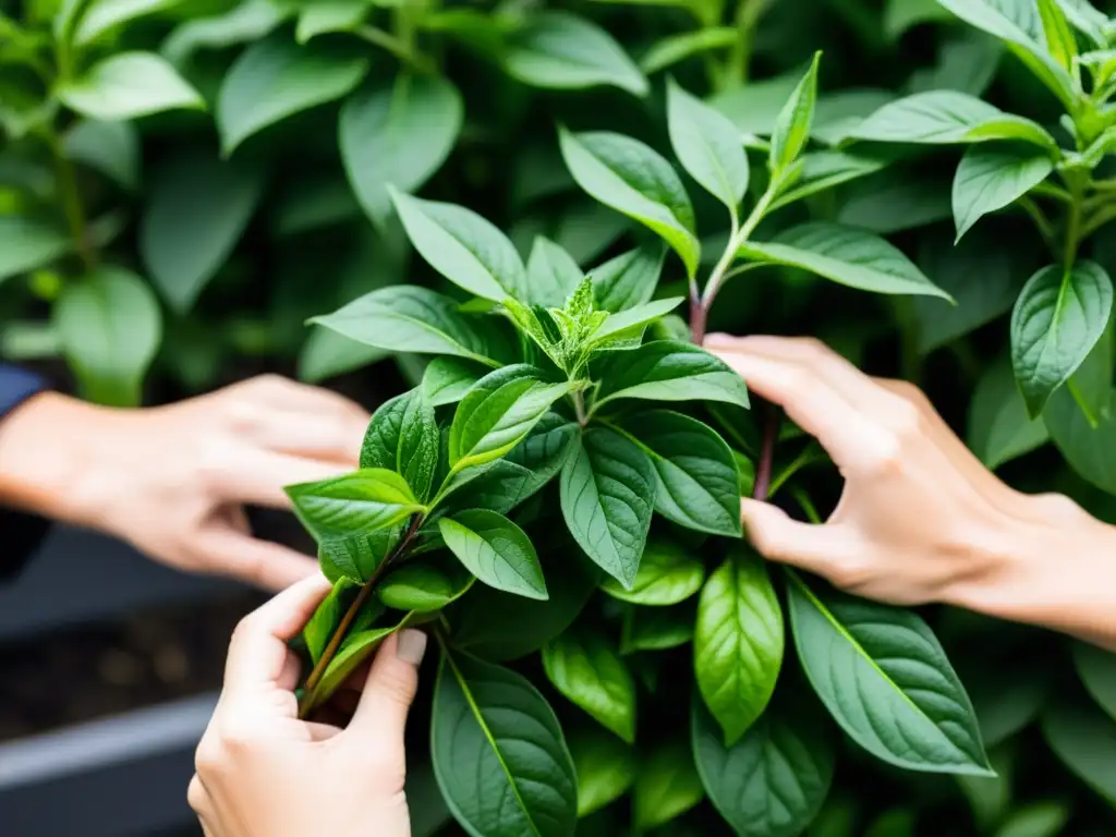 Manos cuidadosas podando plantas antioxidantes en huerto urbano, optimizando cosecha en entorno moderno y vibrante