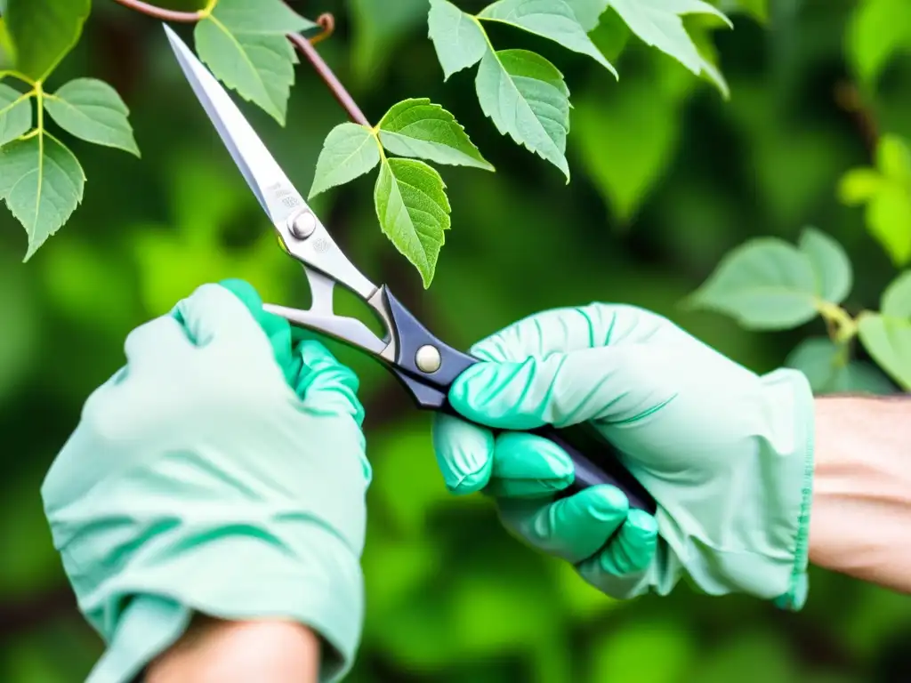 Manos expertas podando una enredadera con técnicas innovadoras para prevenir enfermedades en plantas trepadoras