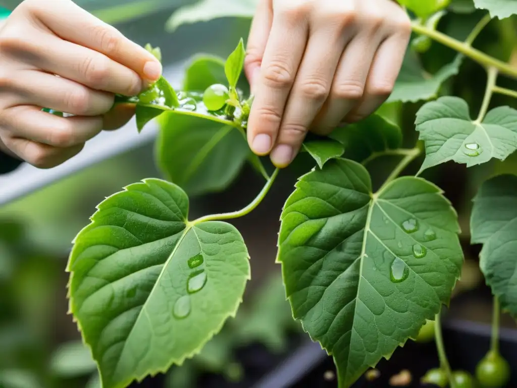 Manos expertas podando hojas enfermas en planta trepadora, en un invernadero luminoso