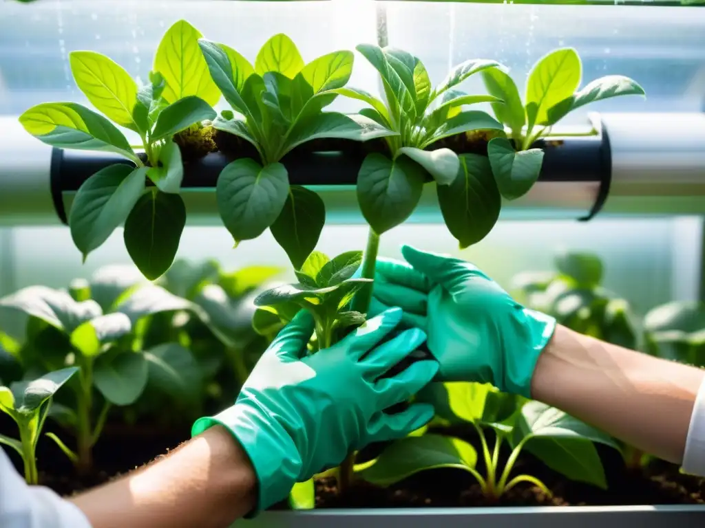 Manos expertas podando plantas verticales acuaponía con precisión y cuidado, en un entorno moderno y próspero