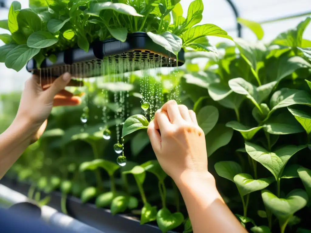 Manos podando plantas verticales acuaponía con detalle y cuidado, bajo la cálida luz solar