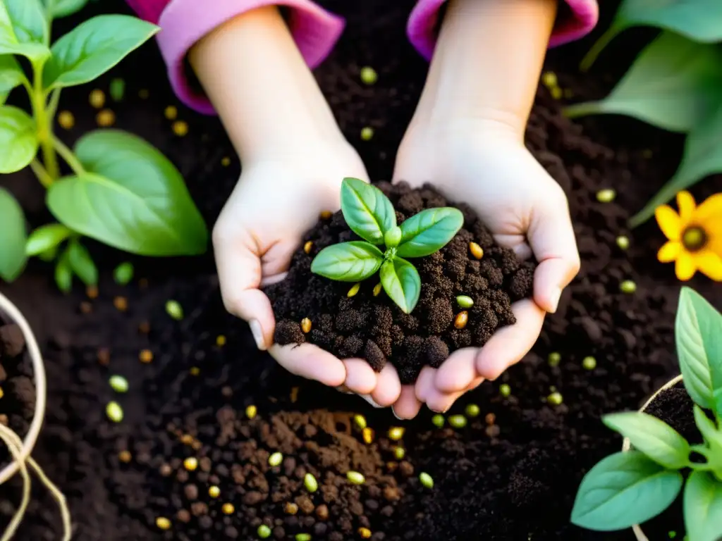 Unas manos sostienen tierra fértil y semillas orgánicas, en un jardín urbano vibrante