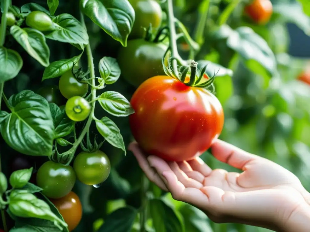 Manos recolectando tomates rojos en huerto vertical urbano, con cuidado y conexión a la naturaleza