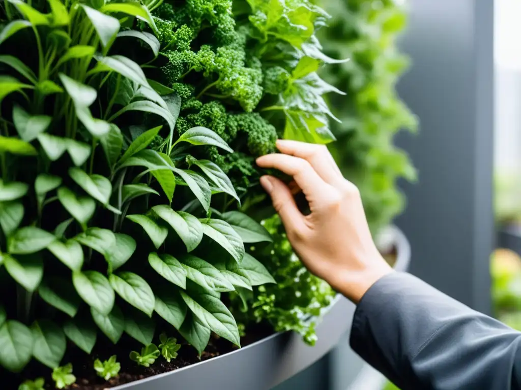 Mantenimiento de huerto vertical urbano: Manos cuidadosas podan plantas verdes en un jardín vertical, resaltando belleza y cuidado urbano