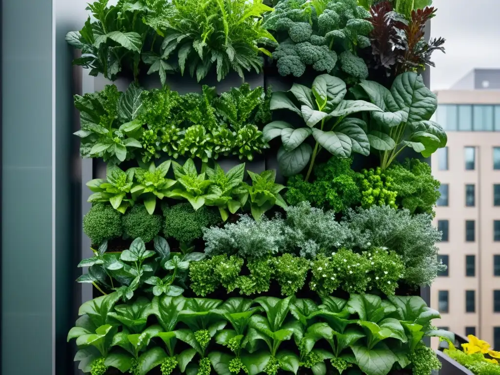 Mantenimiento huerto vertical urbano en invierno con plantas resistentes al frío, delicadamente cubiertas de nieve y bañadas por la cálida luz del sol