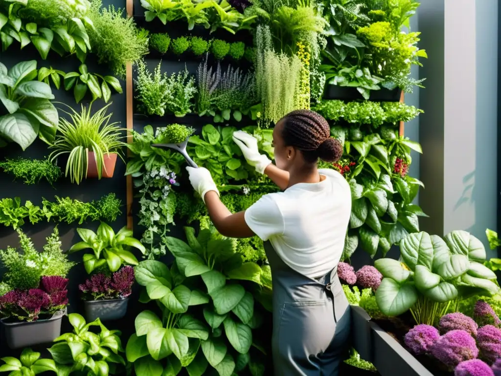 Mantenimiento de huerto vertical urbano con cuidado profesional y vegetación exuberante en la cálida luz del sol primaveral