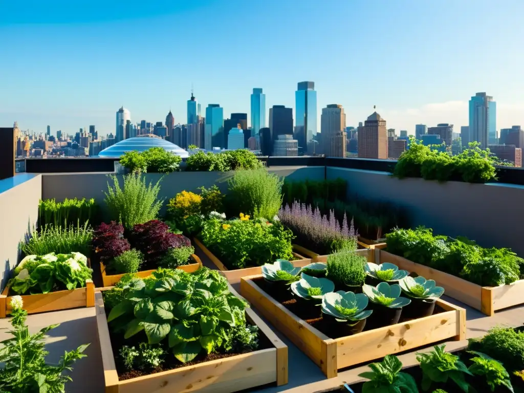 Mantenimiento de huertos urbanos en alturas: Jardín urbano exuberante, vegetales y hierbas vibrantes en camas elevadas, con la ciudad de fondo