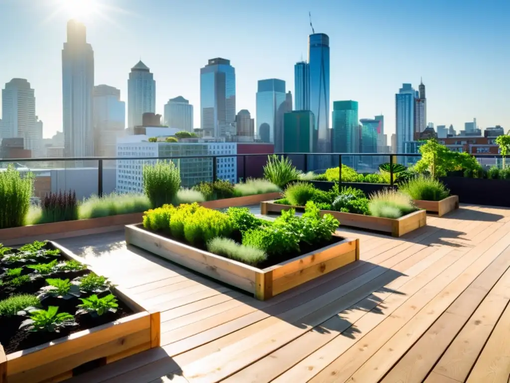 Mantenimiento de huertos urbanos en alturas: Un jardín moderno y vibrante en la ciudad, con plantas exuberantes, sombras e irrigación elegante