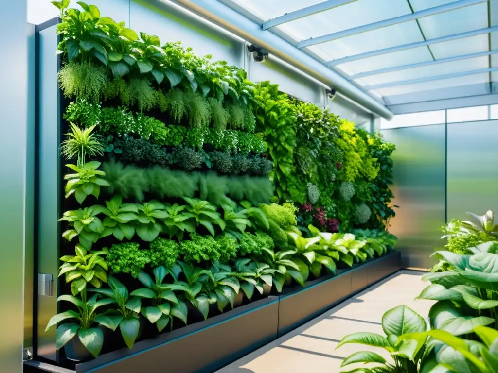 Mantenimiento de sistemas automatizados en huerto vertical de alta tecnología con exuberante vegetación y moderna infraestructura