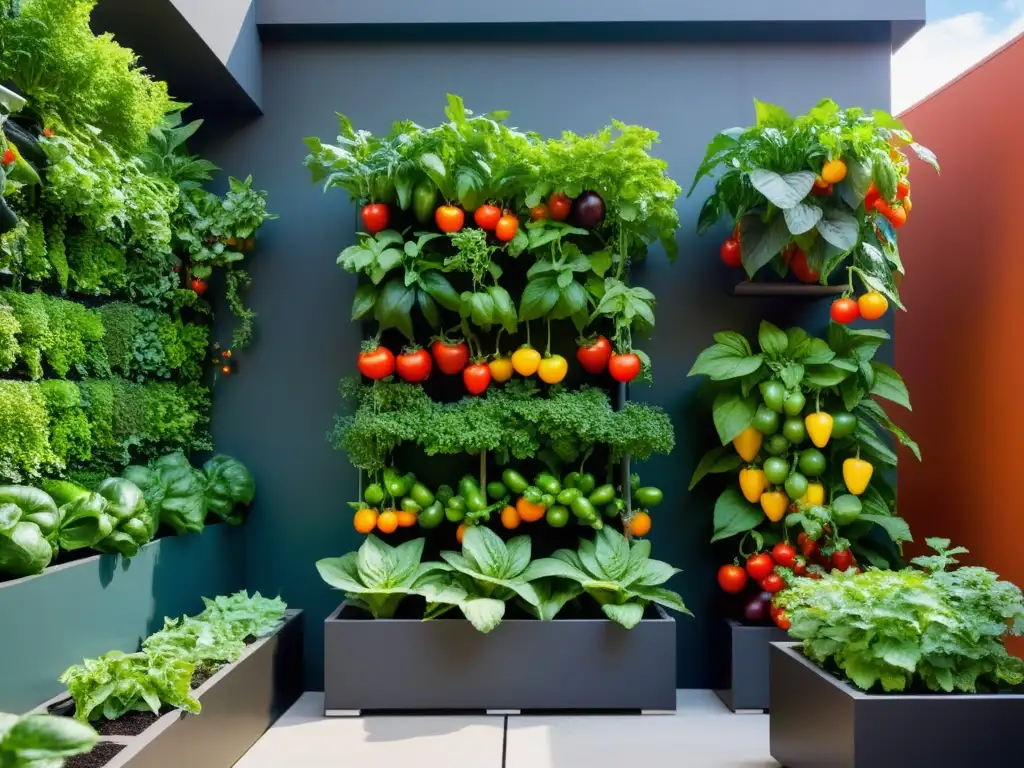 Maridaje ideal de vegetales y frutas en un huerto vertical urbano, vibrante y moderno, iluminado por el sol