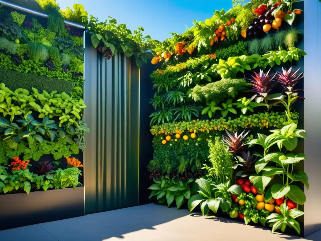 Maridaje ideal vegetales frutas huerto vertical: Un exuberante jardín urbano en armonía con la ciudad, rebosante de vida y color