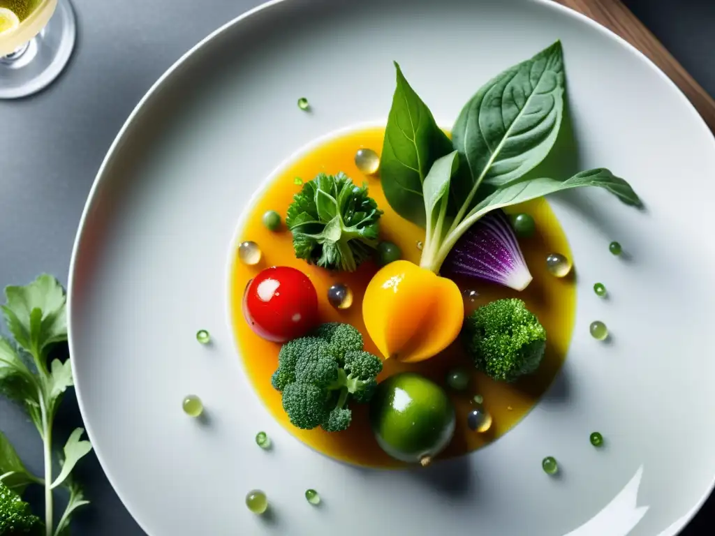 Maridajes con productos de huertos verticales: Imagen detallada de un plato sofisticado con vegetales frescos y vino blanco