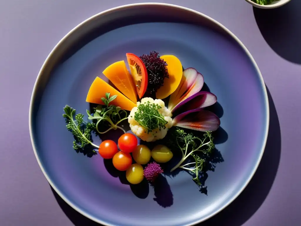 Maridajes sorprendentes con verduras: Plato de verduras innovadoras en composición visualmente impresionante y sofisticada