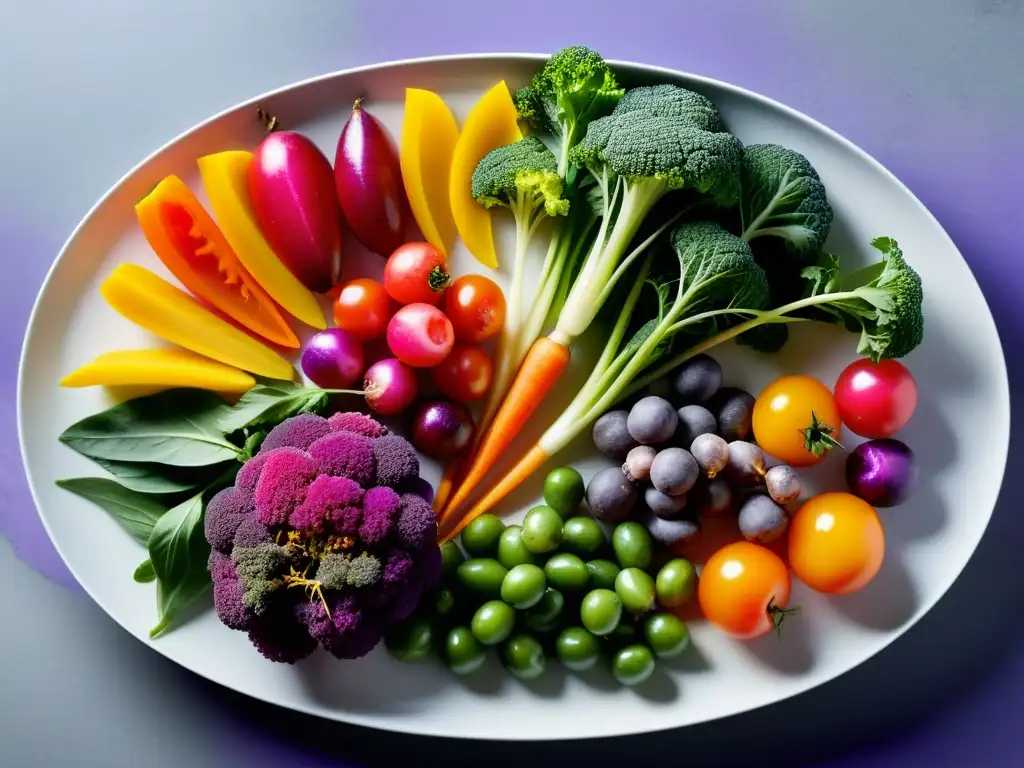 Maridajes sorprendentes con verduras: Una vibrante y detallada imagen de un plato de verduras multicolores en un elegante recipiente