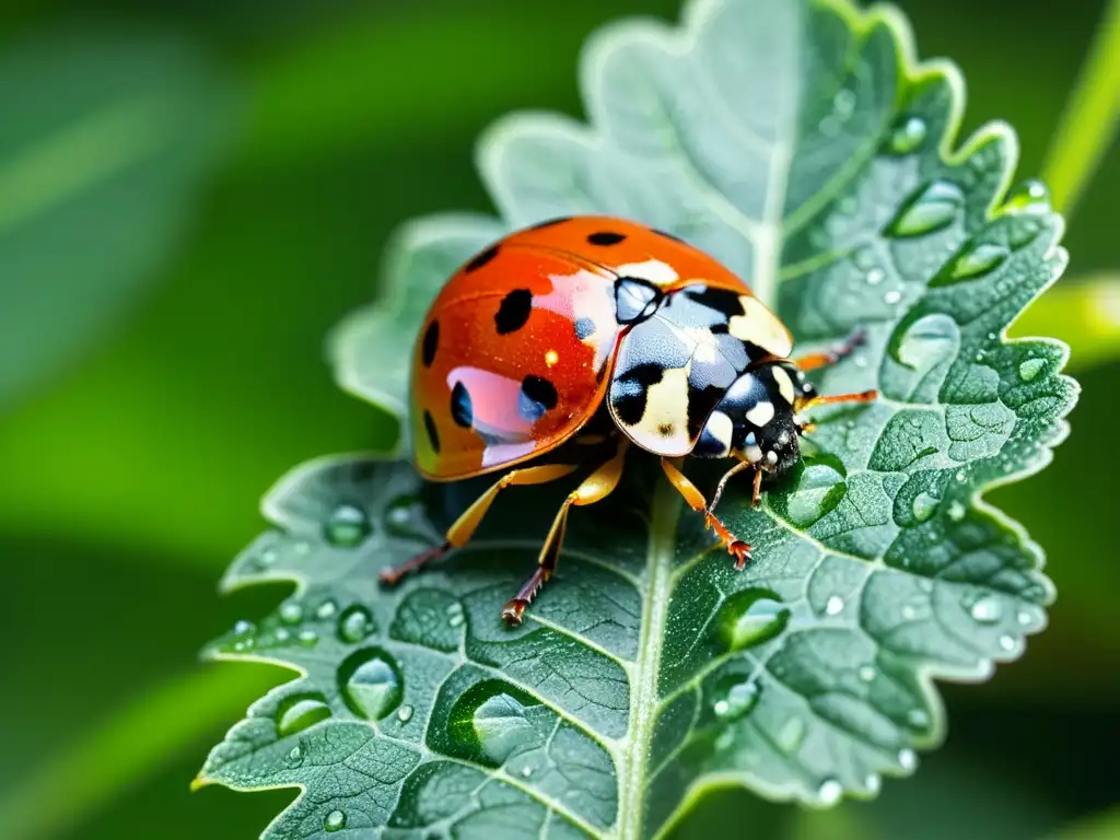 Una mariquita detallada descansa en una hoja verde vibrante, con gotas de rocío brillando al sol de la mañana