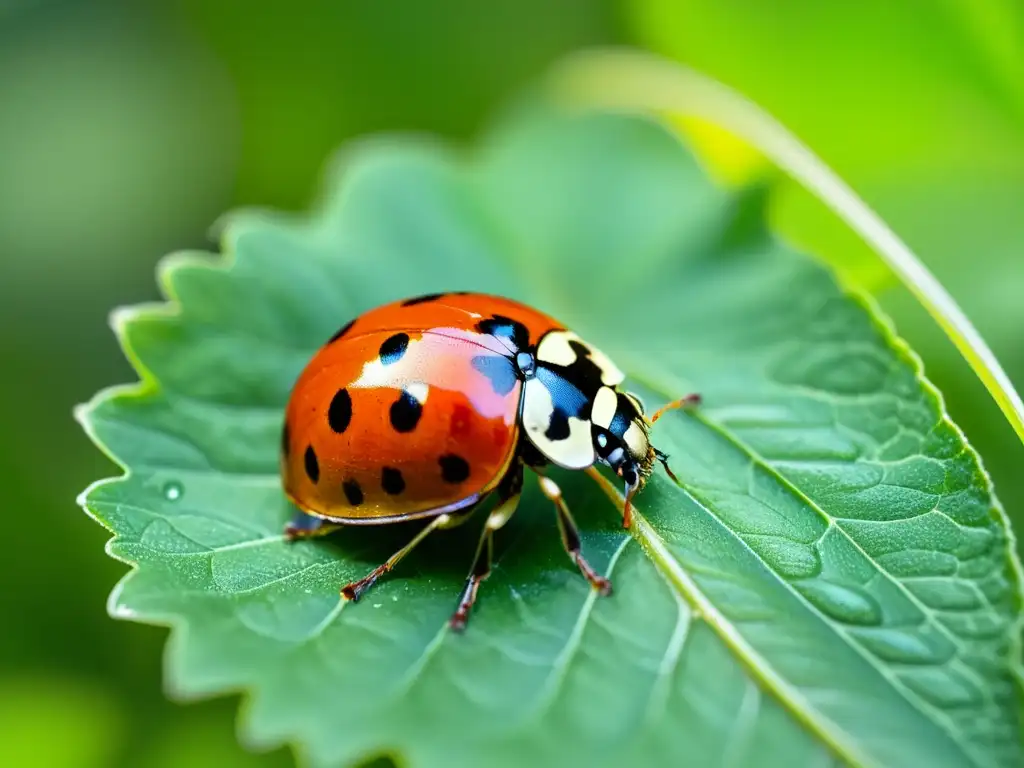 Una mariquita detallada sobre hoja verde, con alas rojas y negras extendidas