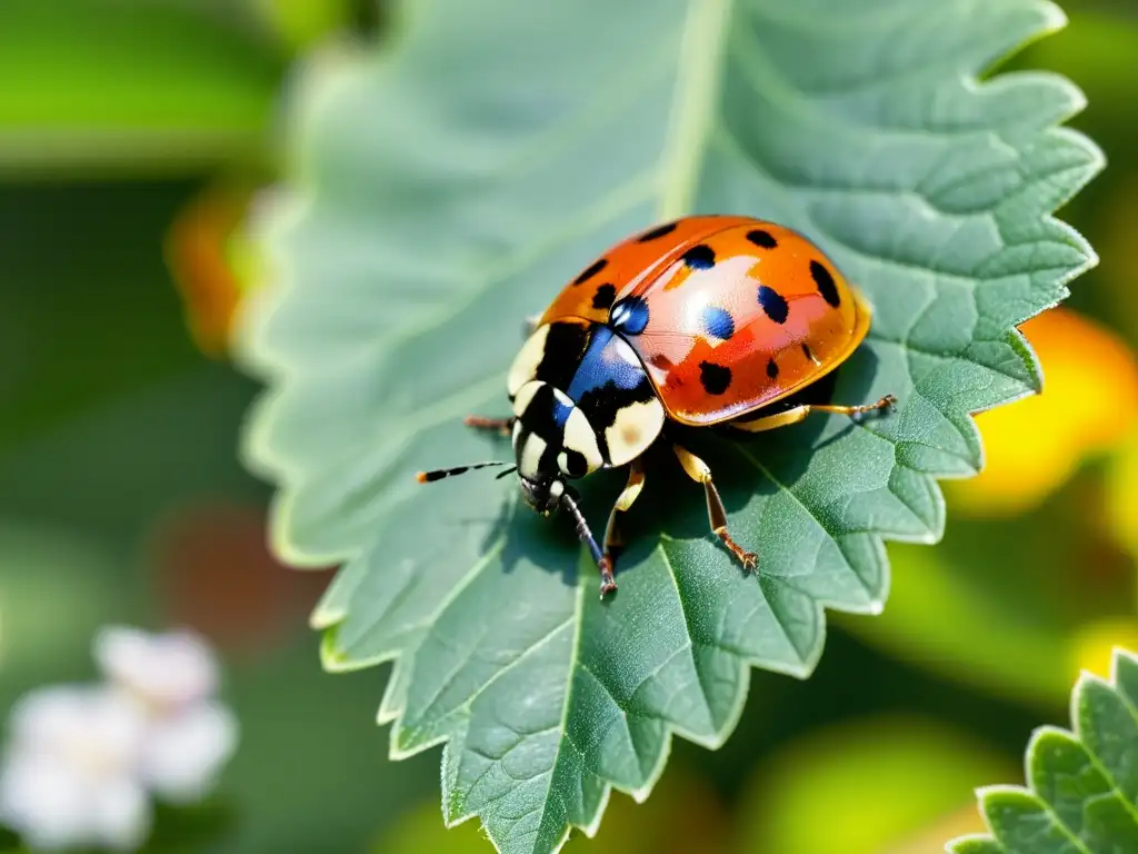 Una mariquita detallada descansa en una hoja verde brillante en un jardín floreciente, bajo la cálida luz del sol