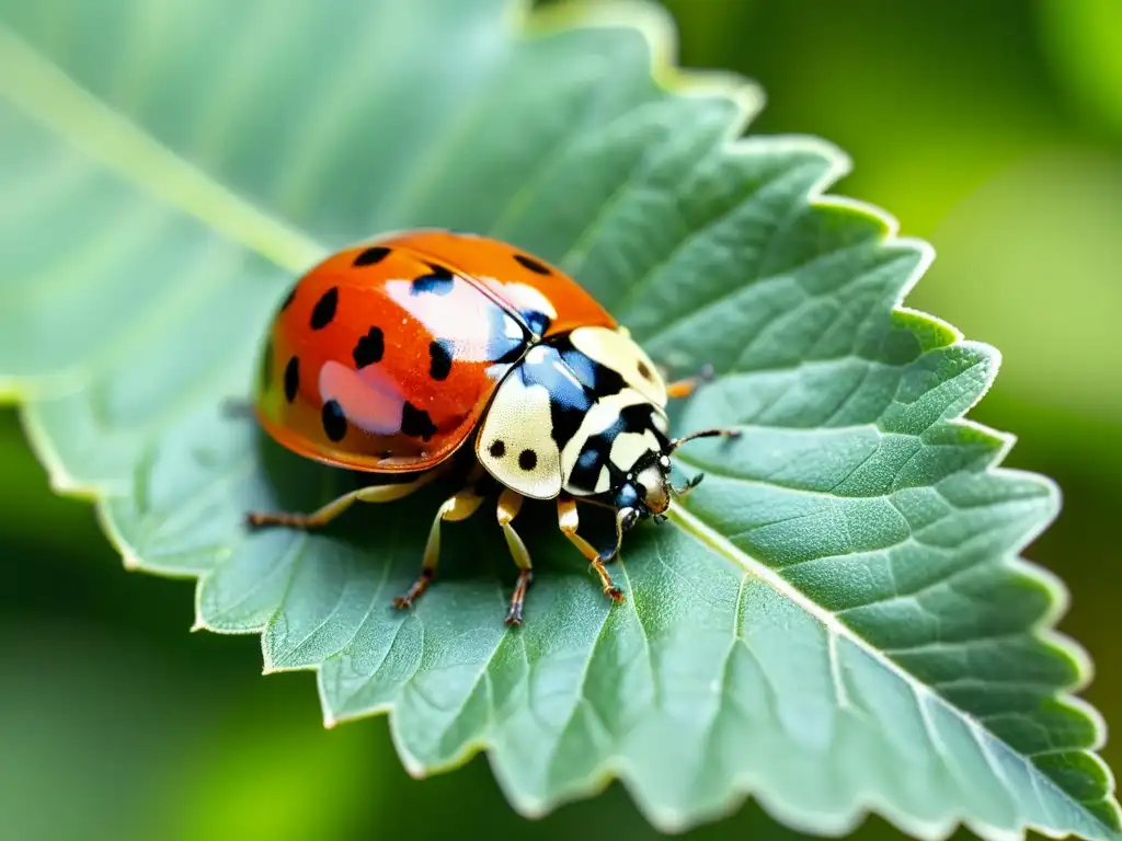 Una mariquita detallada descansa en una hoja verde vibrante, con sus alas rojas y negras desplegadas