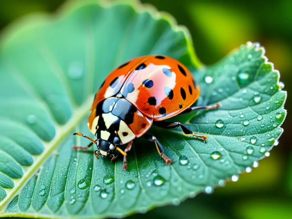 Una mariquita detallada descansa en una hoja verde con rocío