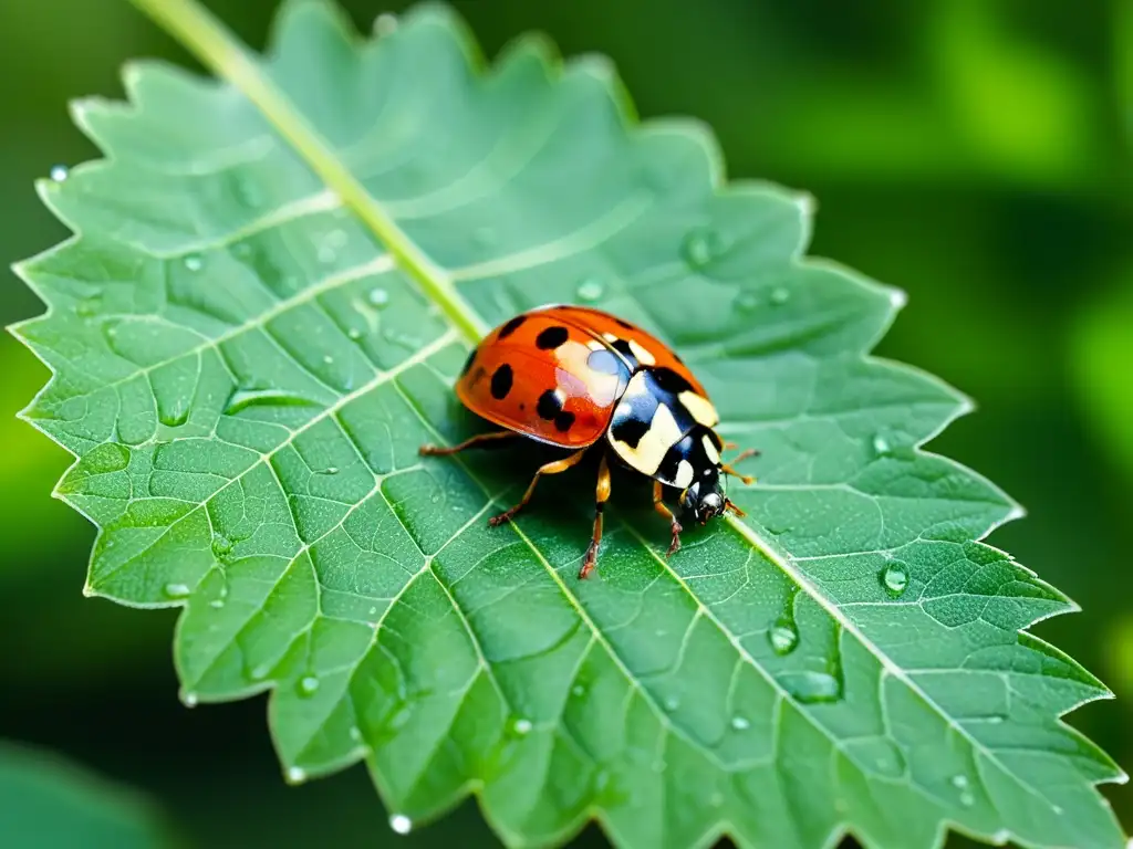 Una mariquita detallada posada en una hoja verde vibrante, con alas extendidas, mostrando patrones y textura