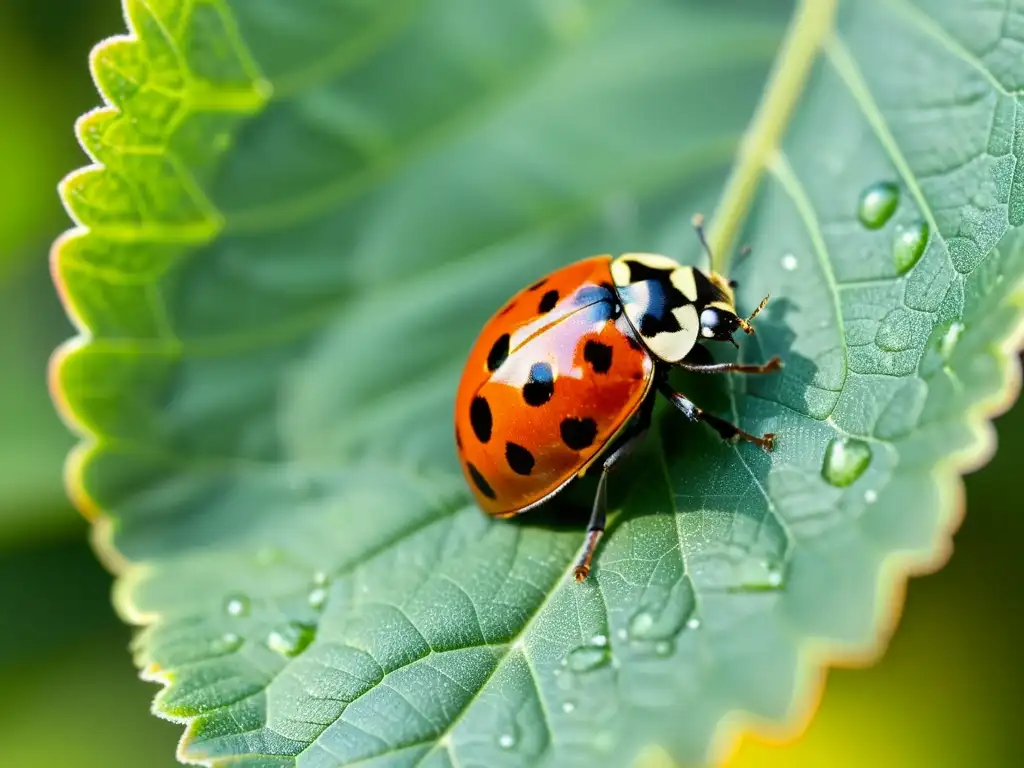 Una mariquita descansa en una hoja verde brillante, con detalles de sus alas y patas