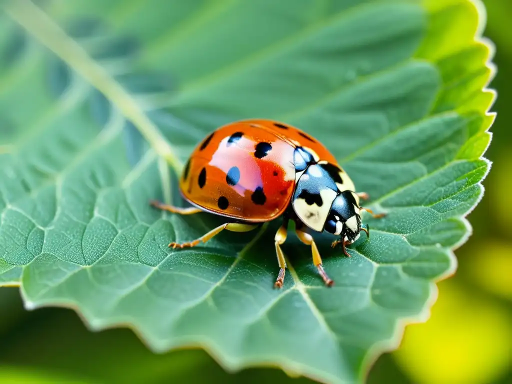 Una mariquita descansa sobre una hoja verde brillante, mostrando su delicado caparazón rojo y negro