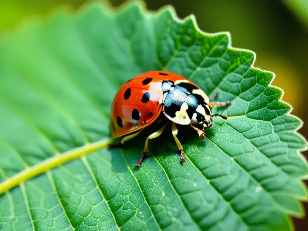 Una mariquita descansa en una hoja verde brillante, con sus alas rojas y patas negras detalladas