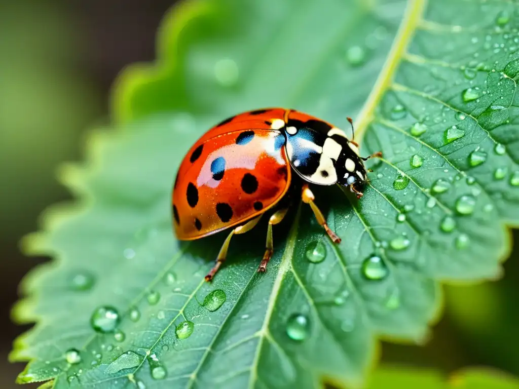 Una mariquita descansa en una hoja verde con gotas de agua, emitiendo una sensación de belleza natural