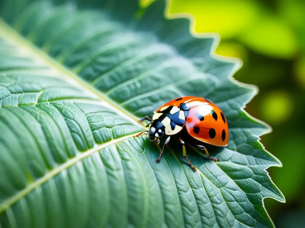 Una mariquita descansa en una hoja verde en un jardín vertical urbano, capturando la belleza de los insectos beneficiosos en huertos urbanos